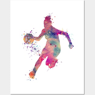 Girl Basketball Dribble Watercolor Silhouette Posters and Art